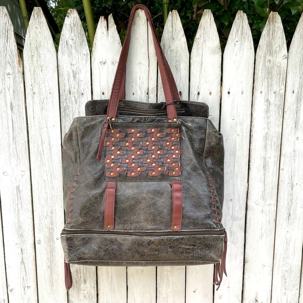 MUXO Camila Alves grey & brown leather  Tribal Large Tote Travel Bag